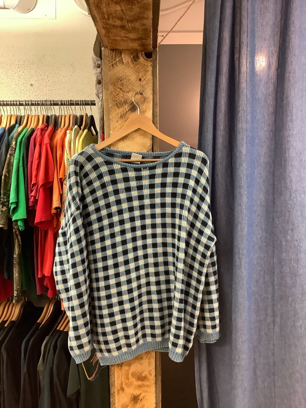 Vintage blue and white checkered knit sweater